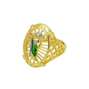 Detailed close-up of a hollow heart ring featuring colorful religious enamel figure
