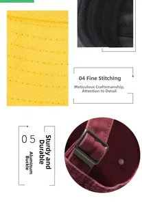 Detail view of cotton baseball cap showing aluminum buckle and fine stitching craftsmanship