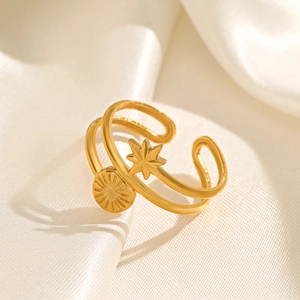 Eight Pointed Star Stainless Steel Ring Double Layer Adjustable Open Sunburst Celestial Minimalist Jewelry For Women