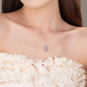 S925 sterling silver planet necklace with purple round stone and blue water drop pendant