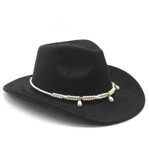 Detail of black felt cowboy hat featuring double-row pearl chains and teardrop pendants