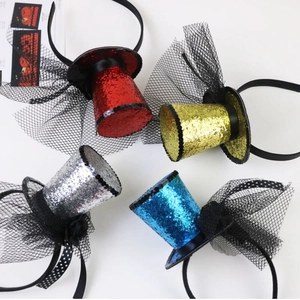 Mini glitter top hats headbands in red gold silver and blue with mesh for party decor