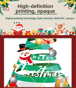 Detail of Christmas window stickers featuring colorful snowmen, socks, and deer graphics