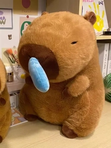 Nahaufnahme eines braunen Capybara-Plüschtiers mit blauem Blasendetail an der Nase