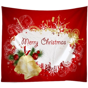 Festive red Christmas tapestry with Merry Christmas greeting, golden bells and snow patterns