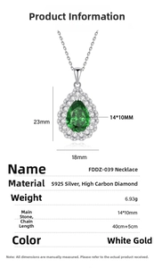 Size chart showing dimensions of the S925 silver necklace with sea blue carbon diamond