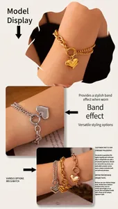 Detail of Cuban chain heart bracelet in gold, silver, and rose gold on model's wrist