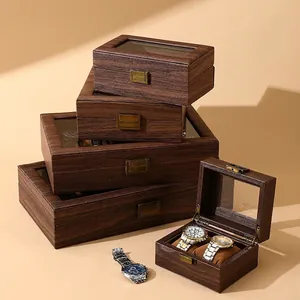 Vintage walnut wood grain watch box with glass window and bronze lock storage case