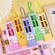 Detailed view of colorful stationery sets featuring pencils, erasers and sharpeners