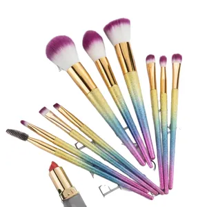 10pcs gradient gold-blue-purple makeup brush set with synthetic bristles and lipstick