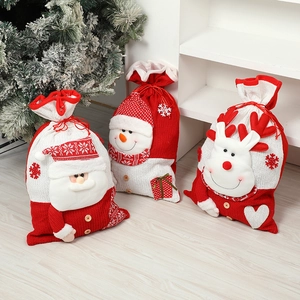 Large Christmas Drawstring Gift Bag Knitted Fabric Santa Snowman Elk Cartoon Character Holiday Party Candy Sack