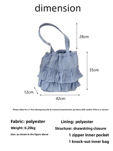 Detailed size specifications for a blue plaid lace tote bag with polyester lining and pockets
