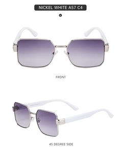 Front and 45-degree views of square silver metal sunglasses with purple gradient lenses