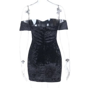 Detailed close-up showing the soft velvet texture and black off-shoulder neckline dress