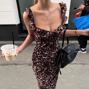 Leopard Print Midi Dress Polyester V-Neck Ruffle Trim Ruched Backless Slim Fit Sexy Summer Camisole For Women