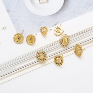 Golden Virgin Mary stud earrings with heart and round shapes set with colorful zircons