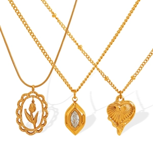 Parure de colliers dorés avec pendentif tulipe, breloque coeur et strass losange
