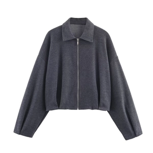 Dark grey soft twill jacket and pants set with zipper closure on white background