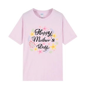 Detailed view of pink cotton T-shirt featuring Happy Mother's Day floral print