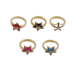 Adjustable copper rings with five-pointed star zircon in red, blue, and white colors
