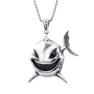 3D megalodon shark head pendant necklace in vintage silver stainless steel for men