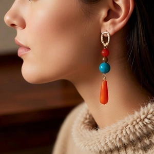 Ethnic style beaded teardrop earrings with silver needle and multicolor agate stone detail