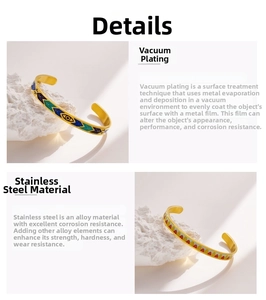 Detail of gold evil eye and geometric enamel patterns on stainless steel bangles