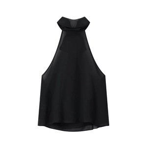 Sexy schwarzes Neckholder Oberteil mit Schleife aus transparentem Chiffon Gewebe