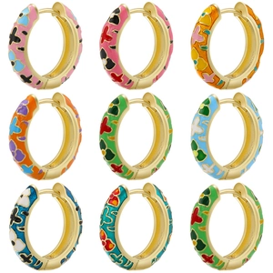 Nine colorful enamel camellia flower C-shaped hoop earrings in a grid display