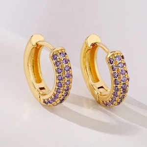Exquisite gold-plated circular hoop earrings with micro-set purple zircon stones