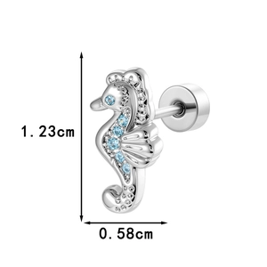 Silver seahorse cartilage stud earring with blue zircons, size 1.23cm by 0.58cm