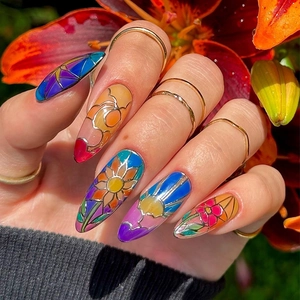 Press On Nails Long Almond Stained Glass Colorful Gothic Floral Sun Artificial Fake Nails Detachable Women Nail Art Patches
