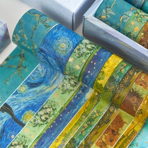 Artistic Van Gogh washi tape set with gold foil accents for DIY scrapbooking projects