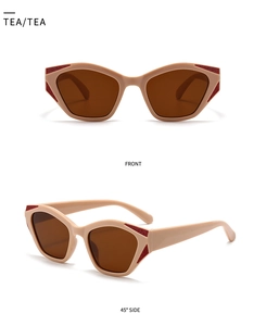 Detailed front and side views of beige cat-eye sunglasses with red accents and brown lenses