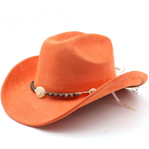 Close-up of ethnic beaded band with shell accent on an orange suede cowboy hat