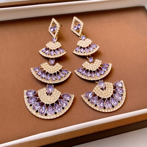 Vintage silver needle earrings with purple teardrop stones and white zircon tassels