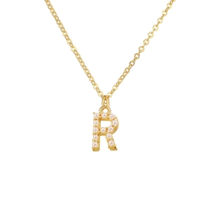 Close-up of gold letter R pendant necklace with tiny pearl inlays on a white background
