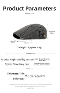 Detailed size specifications of the grey washed denim ivy cap with metal buckle accents