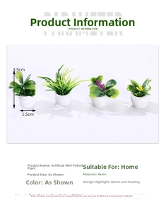 Detailed view of four resin simulation miniature potted plants with 3.5cm height dimensions