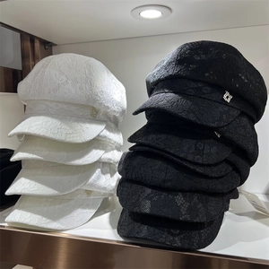 Lace octagonal baker boy hats for women in black and white with rhinestone buttons