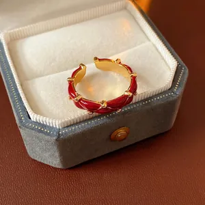 Retro Red Enamel Copper Ring Gold Plated Quilted Adjustable Open Finger Ring Fashion Jewelry For Women