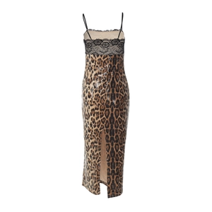 Detailed view of leopard print sequins and delicate black lace trim on a midi dress