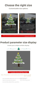 Detail view of PVC static Christmas tree window stickers showing three size specifications