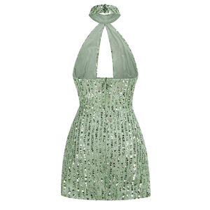 Detailed back view of a light green sequin halter dress with open back and hidden zipper
