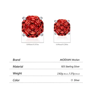 S925 sterling silver stud earrings featuring octagon rose cut red cubic zirconia stones