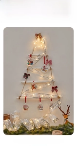 Detail view of glowing silver Christmas ribbon with warm LED lights and festive ornaments