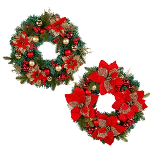 Red and green Christmas wreath with poinsettia flowers and gold ornaments for holiday decor