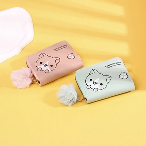 Cute cartoon cat and dog short wallets with pompom charms in pink and mint green