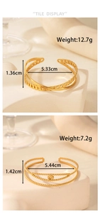 Detailed dimensions of gold stainless steel layered and beaded open cuff bracelets