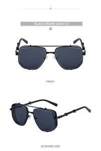 Front and 45-degree side views of black square punk sunglasses with gray lenses